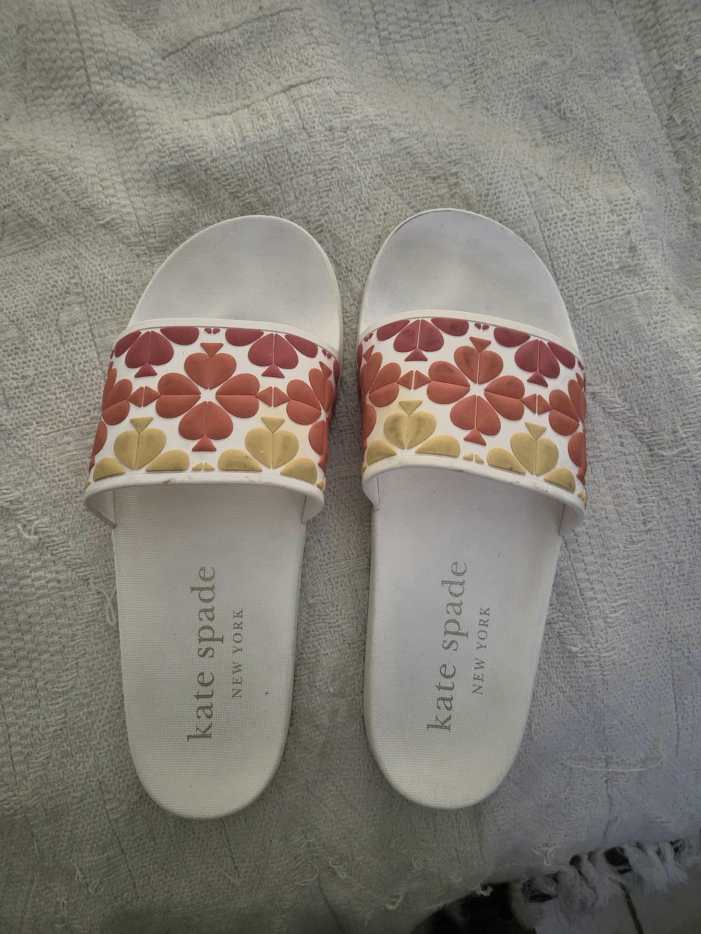 Kate Spade Floral Slide Sandals in White with Red & Yellow Accents